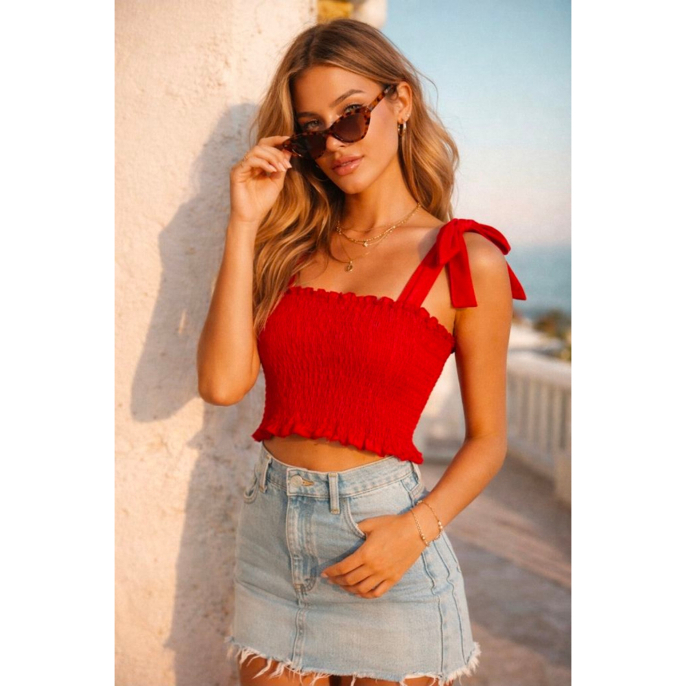 L’atiste Red Smocked Bow Tie Strap Crop Top Size L Y2K Summer